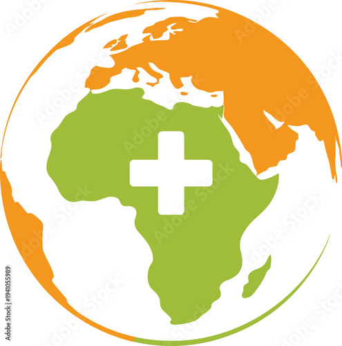 Green Africa continent with white medical cross on orange globe isolated on transparent background