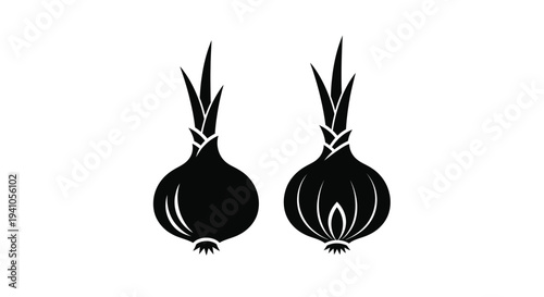 Two black silhouette images of onions with green stalks above