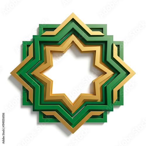 3D Islamic Geometric Star Ornament in Green and Gold