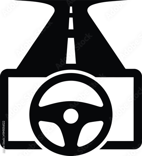 Road and steering wheel icon for driving or transportation concept  symbol of vehicle control