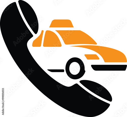 Orange car and black telephone receiver icon for taxi service or transportation concept