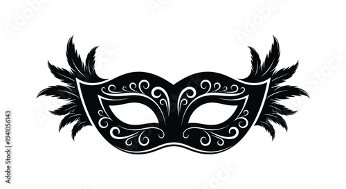 Elegant black venetian mask with ornate swirling designs and feathered edges