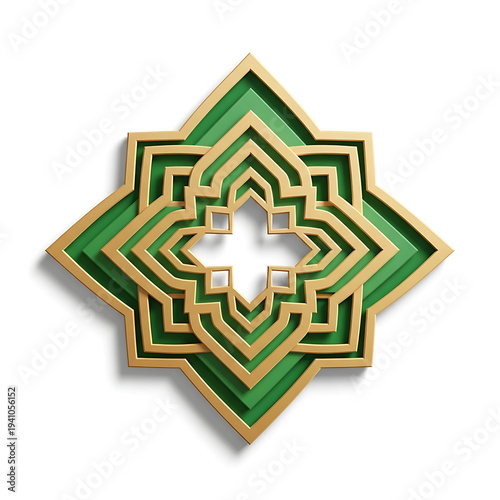 3D Layered Islamic Green and Gold Geometric Ornament on White