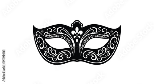 Elegant black venetian mask with ornate floral and swirling designs