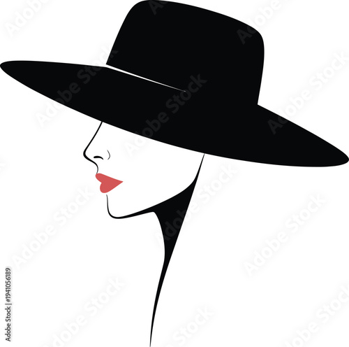 Simple illustration of a woman wearing a large hat and red lipstick isolated on white background