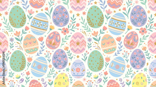Vibrant seamless pattern with pastel Easter eggs and delicate spring floral designs, perfect for festive holiday celebrations