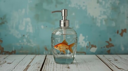 A goldfish swims in a clear glass soap dispenser bottle on a rustic wooden table against a distressed blue background, surreal scene, still life, quirky, artistic