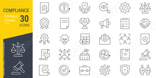 Compliance web icons in line style. Regulations, policy, legal document, quality control, responsibility, law. Editable stroke. Vector illustration