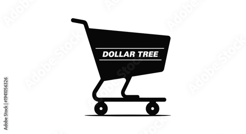 A black silhouette of a dollar tree shopping cart on white