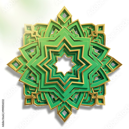 3D Green and Gold Islamic Geometric Star Ornament