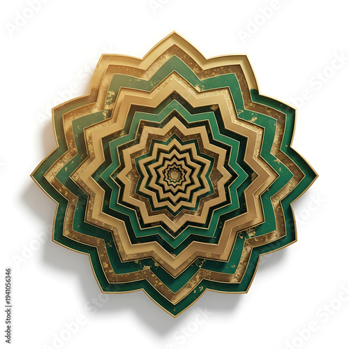 Golden and Green Layered Islamic Star Geometric Ornament Isolated