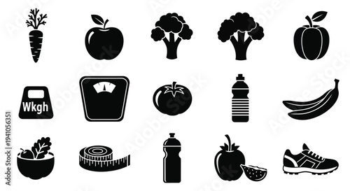 Black silhouette icons depicting healthy foods fitness and weight management