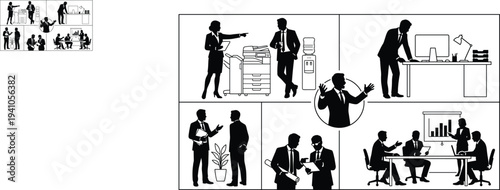 Business office people silhouettes set showing meeting discussion presentation teamwork and workplace activities, corporate professionals vector illustration collection