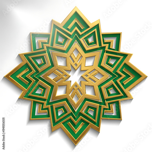 3D Islamic Geometric Star Ornament in Green and Gold