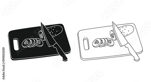 Sliced cucumbers on cutting boards a black and white illustration