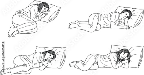 Women sleeping positions set with pillow comfortable night rest relaxation bedroom healthy sleep posture vector illustration isolated collection