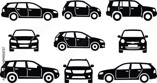 Car silhouettes collection showing sedan hatchback and SUV vehicles front and side views isolated vector illustration set