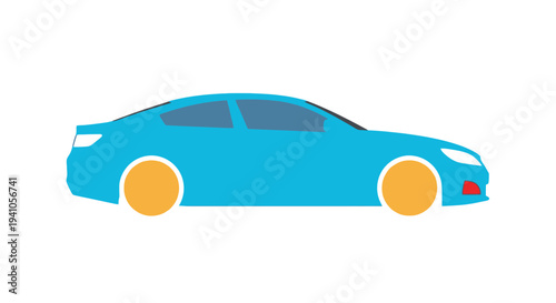 Stylized blue car illustration with orange wheels on a white background