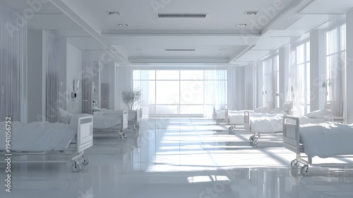 Bright Hospital Corridor with Beds and Natural Light.