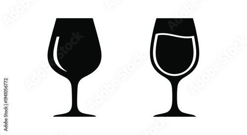 Two wine glasses one full and one empty depicted in black and white