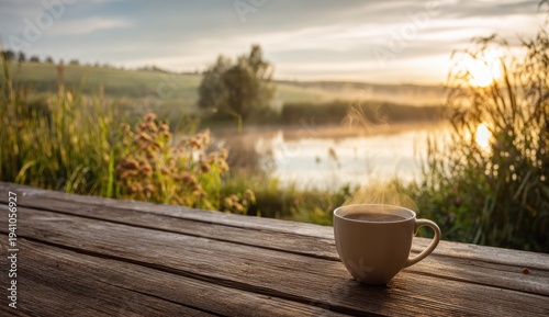 Steaming coffee cup on a rustic table at sunrise by a tranquil lake