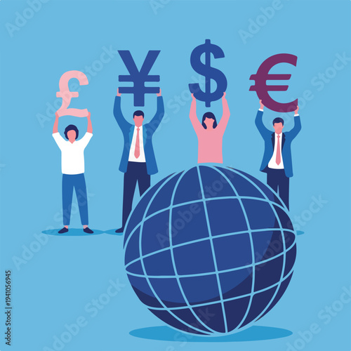 Diverse global business professionals stand holding international currency symbols above their heads, symbolizing worldwide economic exchange and financial growth over a stylized blue earth.