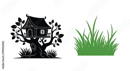 A whimsical treehouse illustration with lush green grass and detailed foliage