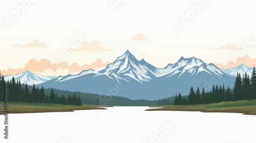 Snowy mountain landscape with lake and trees vector illustration