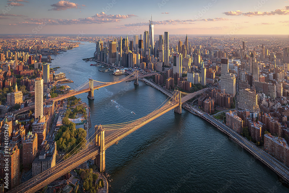 Fototapeta premium NYC skyline aerial panorama with Brooklyn Bridge and Manhattan skyscrapers at sunset, showing river, boats, and urban cityscape with warm light and clear sky clouds