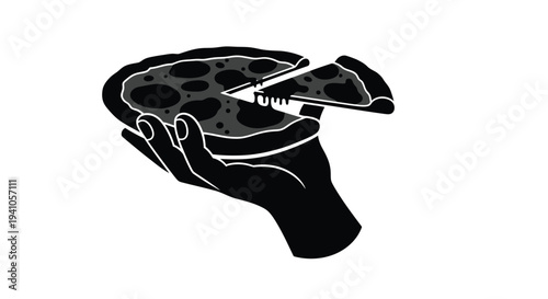 A hand holding a slice of pizza depicted in a minimalist black silhouette