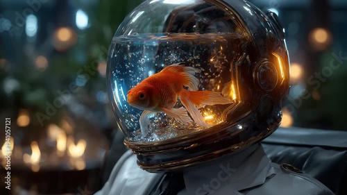 Astronaut in futuristic helmet with goldfish swimming inside transparent dome