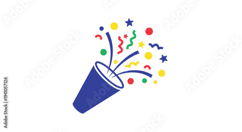 A blue party horn emitting colorful confetti and streamers