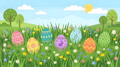 Vibrant Easter Eggs Hidden in a Beautiful Spring Meadow Among Green Grass and Wildflowers Under a Sunny Sky