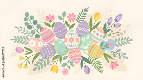 Vibrant Pastel Easter Eggs with Spring Blossoms and Greenery - Festive Holiday Decoration
