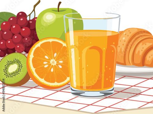 A vibrant, flat-design digital artwork showcases a healthy breakfast assortment juicy oranges, crisp green apples, plump grapes, and refreshing kiwi slices with a glass of golden orange juic