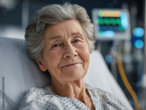 Wallpaper Mural Elderly woman smiling in hospital bed with medical monitor in background, gentle expression conveying calm and resilience Torontodigital.ca