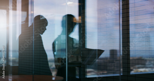 Tableau sur toile Silhouette, meeting and b2b with business people in office for planning, team and realtor advisor