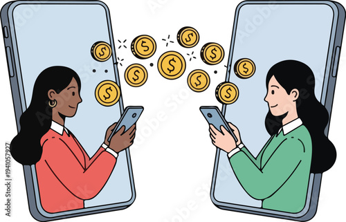 Two diverse women engaged in seamless mobile banking, transferring digital currency coins wirelessly, depicted in a clean, modern flat art style on white background.