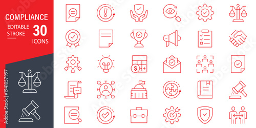Compliance web icons in line style. Regulations, policy, legal document, quality control, responsibility, law. Editable stroke. Vector illustration
