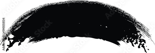 A black abstract brush stroke on a white background with textured edges and a rough uneven shape