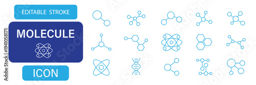 Minimal line chemistry and science icon set featuring atoms molecules chemical structures water drop and laboratory symbols
