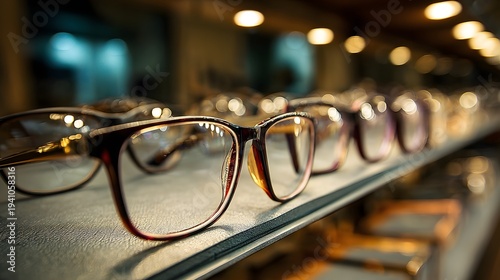 Close-up of Eyeglasses Displayed on a Shelf in an Optical Store.