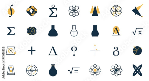 Scientific and mathematical symbols set in navy and mustard colors