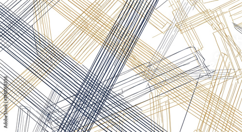 Abstract architectural sketch with blue and gold intersecting lines