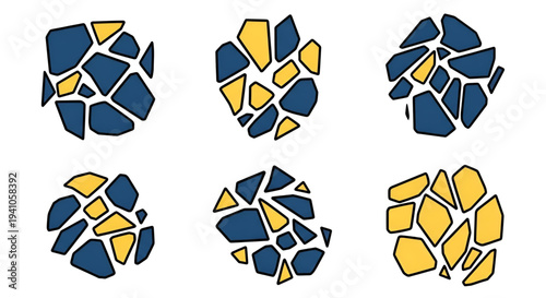 Abstract mosaic shapes in blue and yellow forming circular clusters