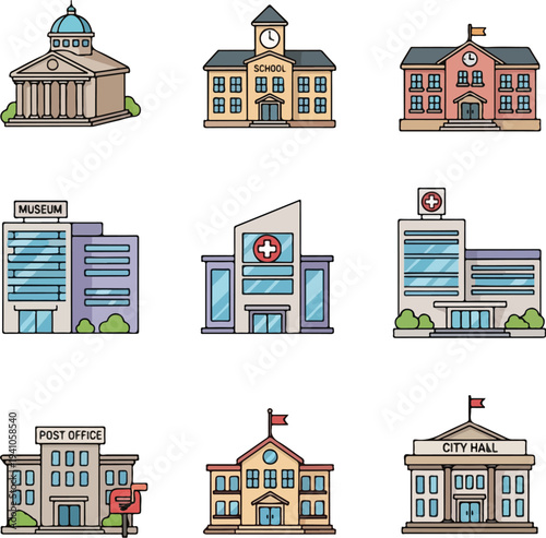 Collection of cartoon-style public buildings including a museum, school, hospital, post office, and city hall.