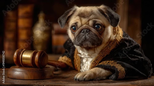 Pug dressed as judge with gavel in courtroom setting