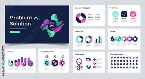 Problem vs solution presentation slide deck with various data visualization