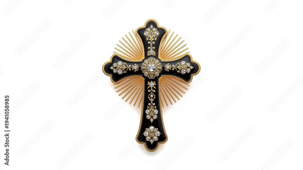 Fototapeta premium Golden cross with diamonds and sunburst design