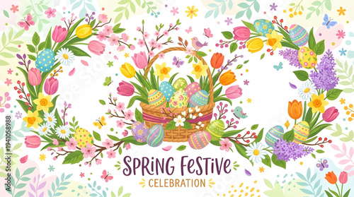 Vibrant spring festive celebration banner with colorful Easter eggs and blooming floral wreath design